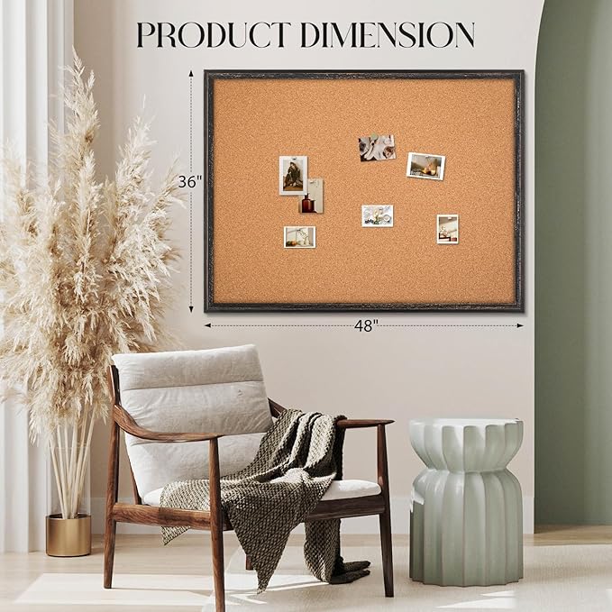 Large Cork Board Bulletin Board - 48'' x 36'' - Rustic Black Frame Corkboard for Wall - Decorative Message Board, Vision Board, Pin Board, Picture Board, Photo Board