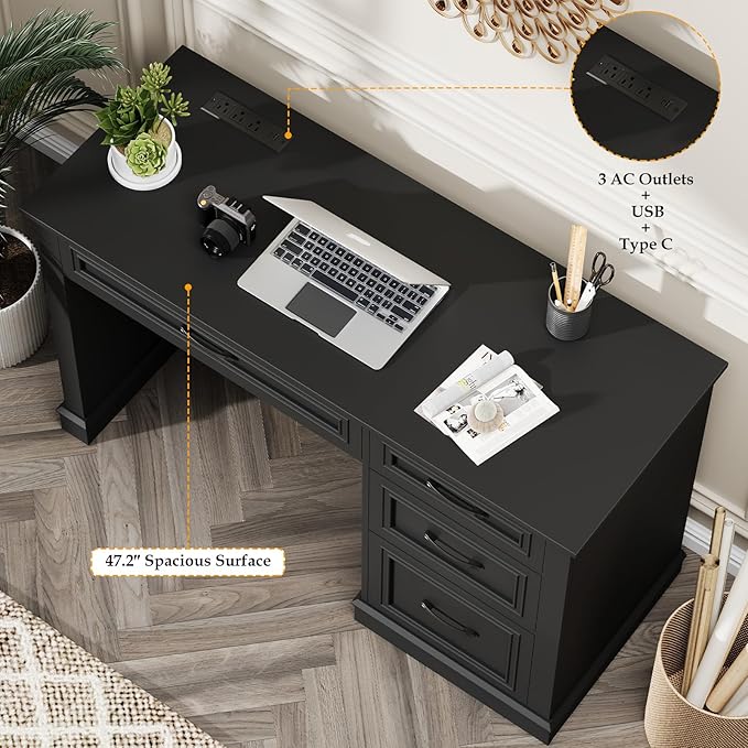 Farmhouse 47" Executive Desk, Computer Desk with Drawers and File Drawer, Workstation Computer Desk with Charging Station for Home Office, Study.（Pure Black）