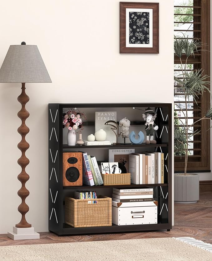Small Bookshelf, 3-Tier Metal Adjustable Bookcase with Anti-Tip Kit & Leveling Feet, Black Book Shelves Modern for Bedroom, Kitchen, Garage, Home Office