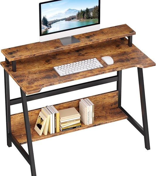 ALISENED 31.5 Inch Small Office Desk with Storage, Small Desk for Small Spaces, Compact Home Office Desk, Mini Study Desk for Bedroom, Brown