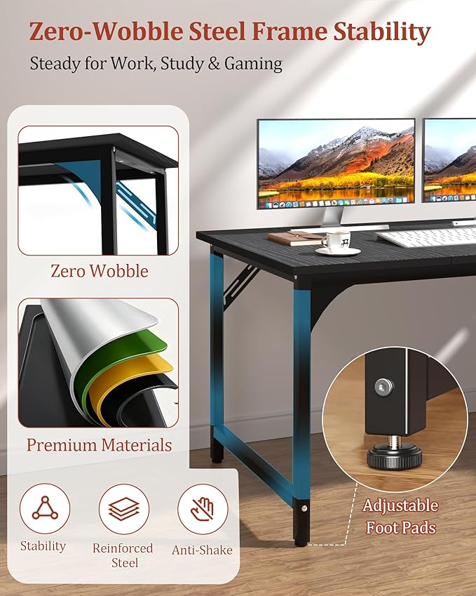 Computer Desk, 55.1" Office Desk, Extra Wide 23.62” Deep Desktop, 0.59” Thick Heavy-Duty Home Office Desks, Office Table with Steel Frame, Modern Wood PC Desk for Bedroom Study Writing Gaming Work