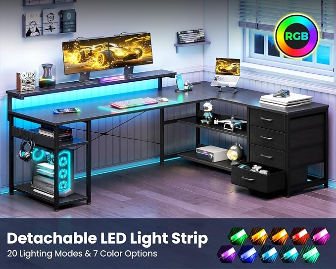 AODK 61" L Shaped Desk with Drawer, Computer Desk with Power Outlets & LED Lights, Reversible Corner Gaming Desk for Home Office Workstation, Office Desk with Monitor Shelf, Pure Black