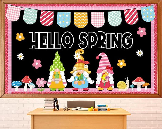 Hello Spring Bulletin Board Set Spring Gnome Classroom Decoration Springtime Gnome Flowers Paper Cutouts for Back to School Home Nursery Chalkboard Wall Decor Springs Theme Party Supplies