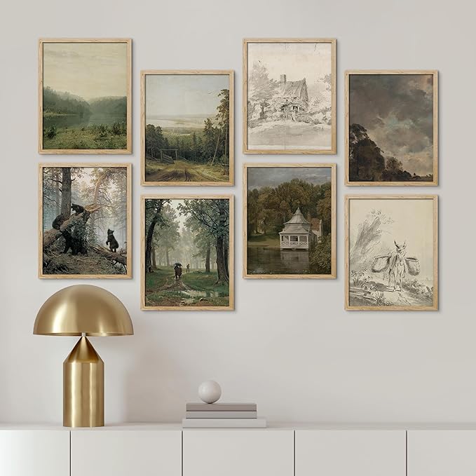 SIGNWIN Framed Poster Wall Art Set of Vintage Landscape, Sketches Art, Rustic Framhouse Decor for Living Room, Bedroom, Office - 8"x10"x 8 Natural