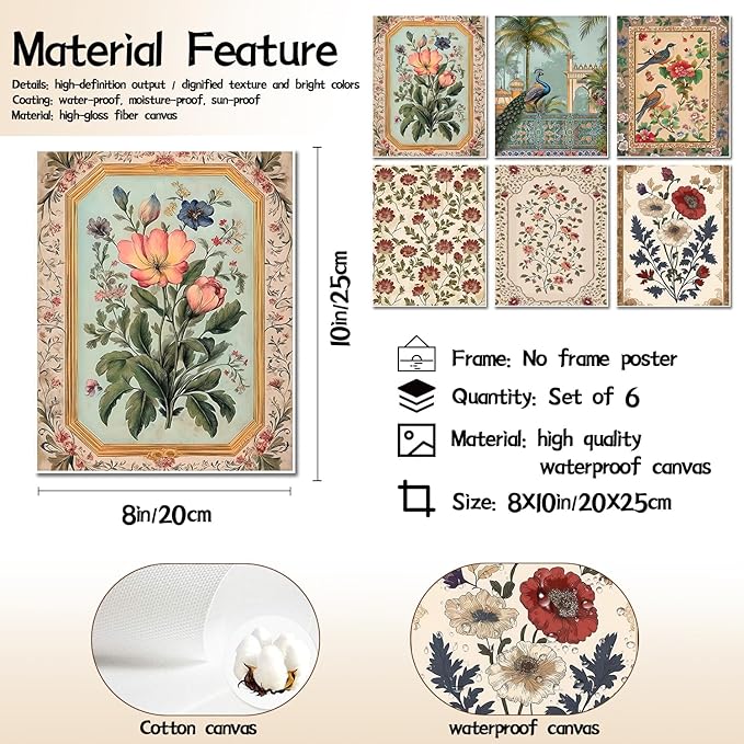 Vintage Floral Wall Art Poster Set of 6, Rustic Flower Bird Pictures Wall Decor, Retro Neutral Botanical Peacock Paintings Canvas Prints Aesthetic Home Decor for Living Room Bedroom 8x10in Unframed