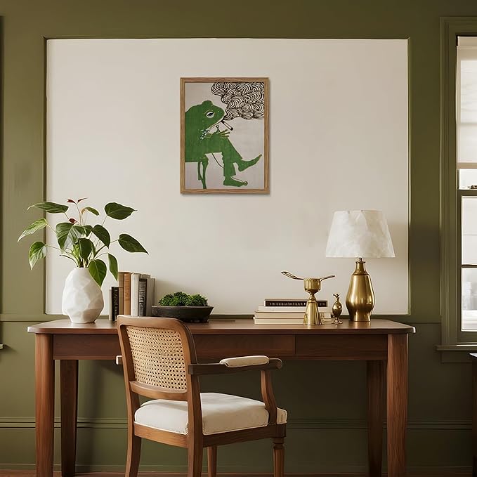 Vintage Frog Wall Art, Funky Eclectic Canvas Wall Decor, Retro Whimsical Japanese Picture Painting, Moody Animal Artwork Print Poster for Living Room Bedroom Office 16x24 Inch Framed