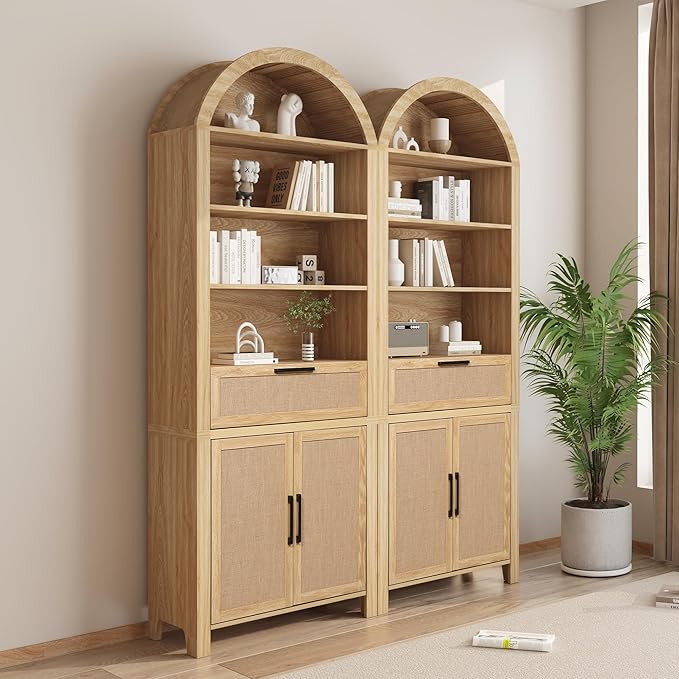 79" Tall Arched Bookcase with Storage, Mid Century Modern 6-Tier Cabinet with Door and Drawer, Arched Bookshelf with Open Display Shelf for Office Living Room (Natural, 79inch-Doors)