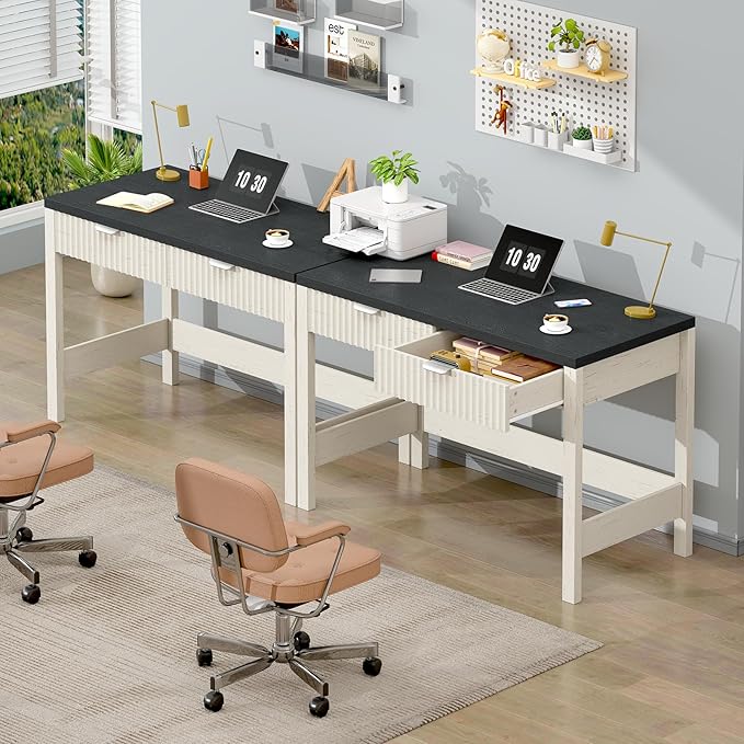 Fluted Computer Desk with 2 Drawers, 39 Inch Small Computer Desk with Storage, Compact Writing Study Desk for Small Spaces, Black and White