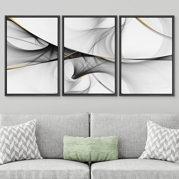 SIGNWIN Framed Canvas Print Wall Art Set 3D Geometric Smoke Wave Landscape Abstract Shapes Illustrations Modern Art Decorative Nordic Zen Chic for Living Room, Bedroom, Office - 16"x24"x3 Black