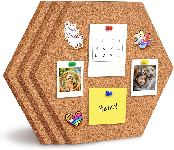 Small Hexagon Cork Board - Self Adhesive Cork Board Tiles for Walls, Cork Bulletin Board Hexagon for Home Office School Decor Memos Photos Display (3 Pcs)
