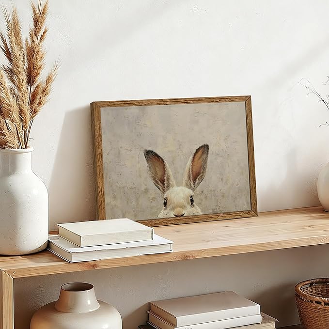 AVECCO Framed Vintage Funny Bunny Easter Wall Art, Cute Farmhouse Aesthetic Wall Decor, Easter Rabbit Art Prints for Bathroom Living Room Bedroom Dining Room Office Decoration Ready to Hang 12x16 inch