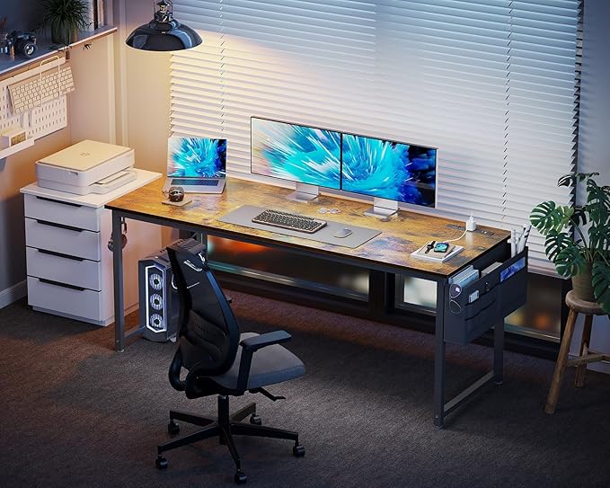 KKL Large Computer Desk with Power Outlets and USB Port Desk for Home Office Gaming Simple Modern Style Writing Desks with Storage Bag Headphone Hook, 63 inch, Rustic Brown