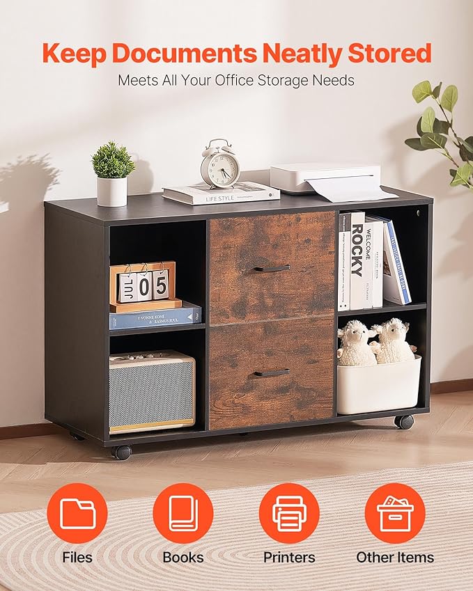 VEVOR 2 Drawer Wooden File Cabinet, Mobile Filing Cabinet with Open Shelves, Lateral Rolling File Storage with Lockable Wheels, Modern Free Standing Printer Stand for Home, Office, School, Black