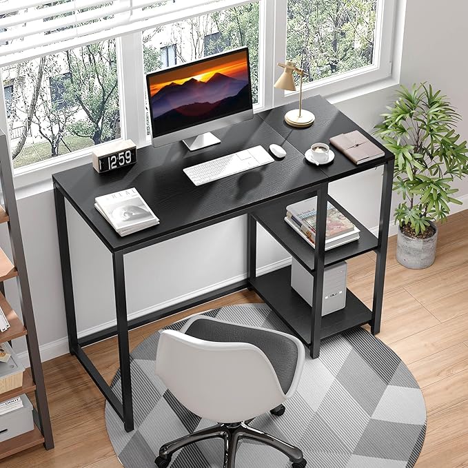 SINPAID 40 Inch Small Gaming Desk with Shelves for Small Spaces, Easy Assembly Study Desk, Sturdy Writing Desk for Bedroom & Home Office, Black