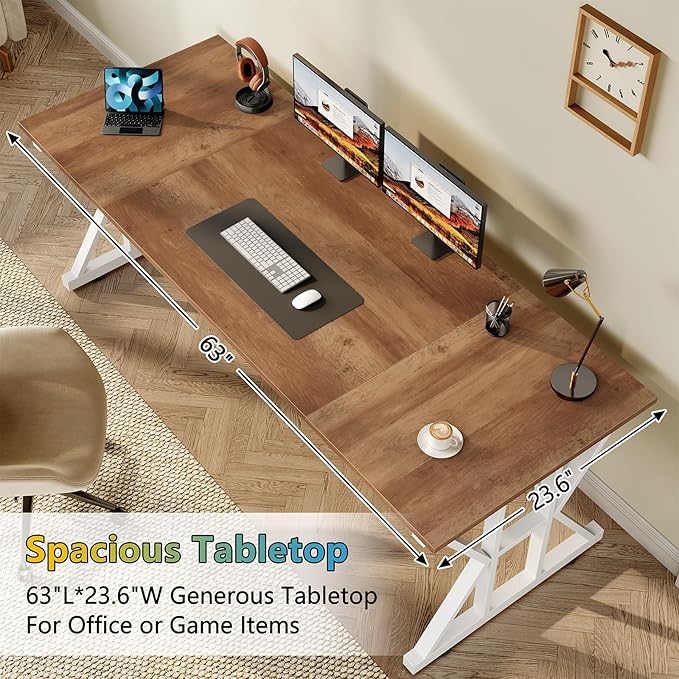 TVU Computer Desk, 63 inch Large Office Desk, Study Writing Table with Thicken Frame, Gaming Desk, Modern Simple Desk for Home Office, Brown