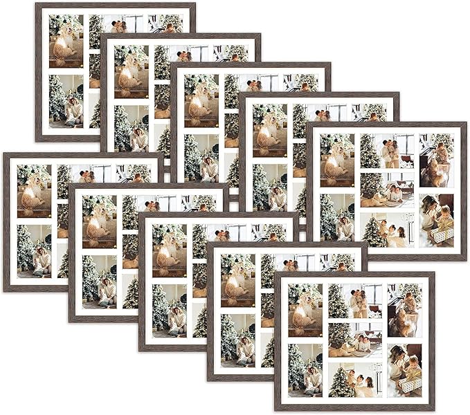 Golden State Art, Set of 10, 13.7x15.7 Distressed Brown Wood Collage Frame - White Mat - Displays Seven 4x6 Photos - Real Glass, Sawtooth Hanger, Swivel Tabs - Wall Mounting, Landscape, Portrait
