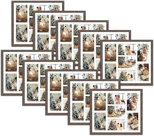 Golden State Art, Set of 10, 13.7x15.7 Distressed Brown Wood Collage Frame - White Mat - Displays Seven 4x6 Photos - Real Glass, Sawtooth Hanger, Swivel Tabs - Wall Mounting, Landscape, Portrait