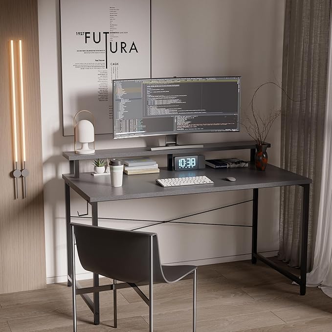 Pamray 47 Inch Small Computer Desk with Monitor Stand, Simple Office Desk with Headphone Hook for Small Spaces, Kids Study Writing Table for Bedroom, Grey