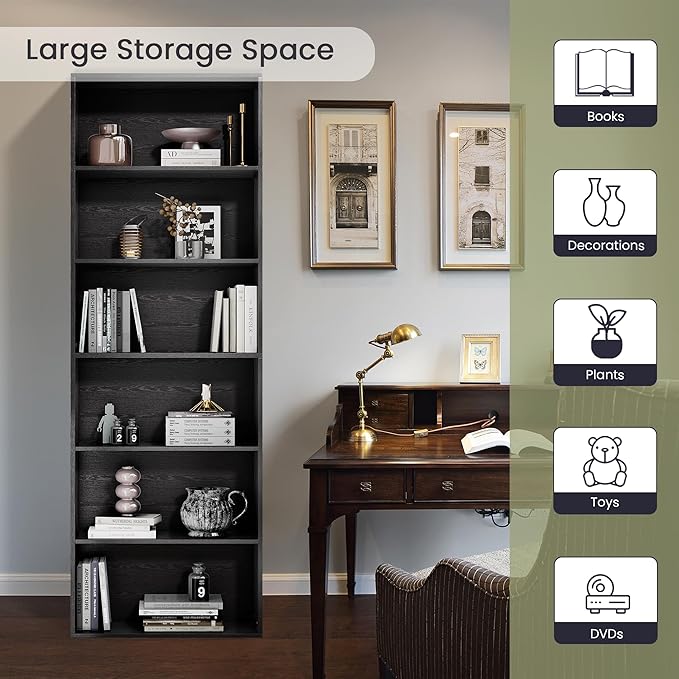 71" Tall 6-Tier Bookshelf, Large Open Display Bookcase with Ample Storage, Floor Standing Book Shelf for Living Room, Home Office, Bed Room, Black