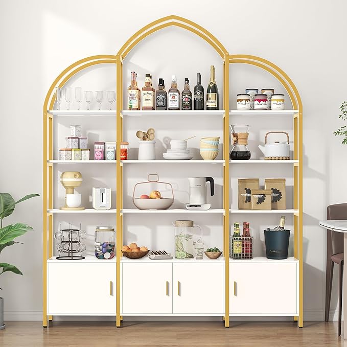 86" Gold Bookshelf, Triple Wide 5 Tier Arched Bookshelves & Bookcases with Storage, Large Modern Metal Book Shelf Stand for Bedroom/Living Room/Office Display Shelves, White & Gold