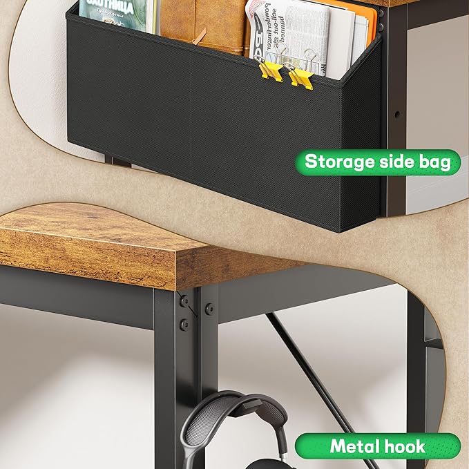 L Shaped Desk with 0.95 Inch Thicker Desktop & Storage Bag, Computer Desk with Power Outlets & Lights, Reversible Gaming Desk for Home Office, Corner Desk, Study Room, Living, Bedroom, Brown
