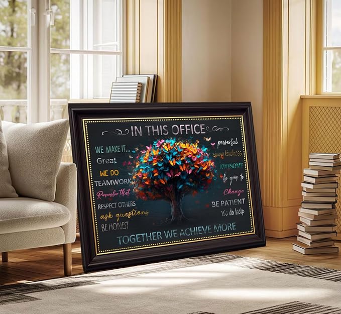 Dark Brown Frame Office Inspirational Tree Of Life Canvas Wall Art Teamwork Positive Energy Picture Wall Decor Team Rules Inspiring Poster Print Painting for Living Room Bedroom Man Cave Decoration