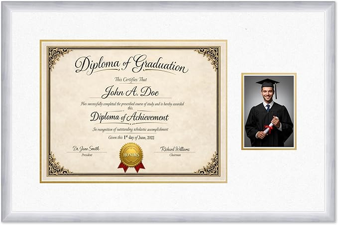 Diploma Frame With Photo Opening Stainless Silver Oyster Shell Over Gold Mat - Fits 17 x 13 Degree and Picture Made in the USA