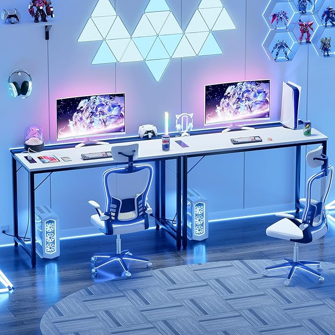 55 Inch Computer Desks with Power Outlets and USB Charging Ports, Modern Office Desk for Small Spaces, Sturdy Laptop PC Gaming Writing Table for Students, White and Black