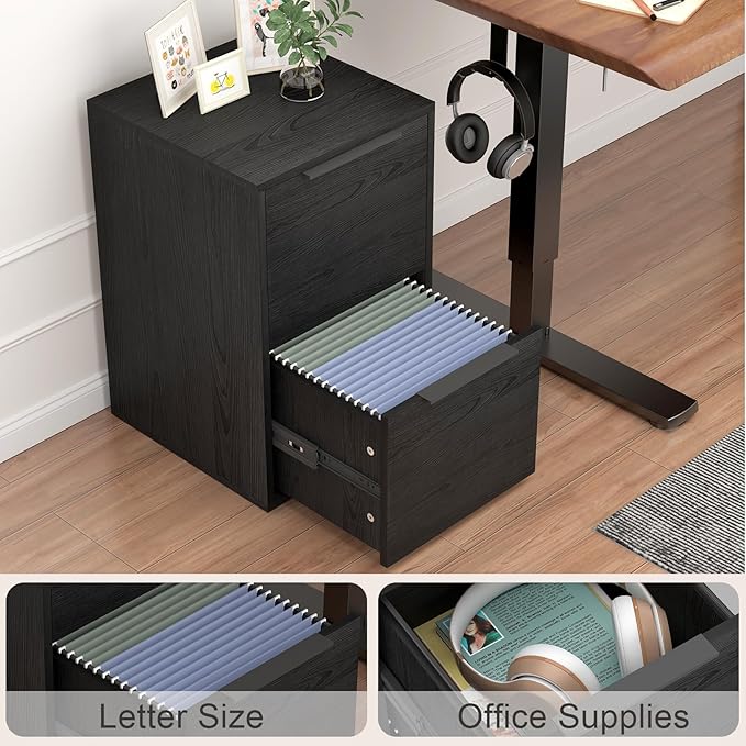 Two Drawer File Cabinet, Black Wood Filing Cabinets for Letter Size/Hanging Files, Small Under Desk File Cabinets for Home Office, Assembly Required