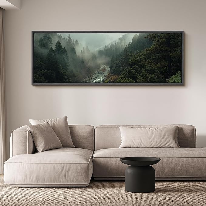 SIGNFORD Large Framed Canvas Misty Forest River Landscape Nature Photography Illustrations Modern Art Calm Warm for Living Room, Bedroom, Office - 60"x20"
