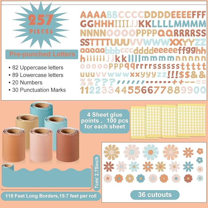 Kosiz Groovy Boho Bulletin Board Decoration Set 118 ft Scalloped Bulletin Board Borders Classroom Poster Border Trim with 257 Pcs Letter Number Symbol Cutout for School Decor