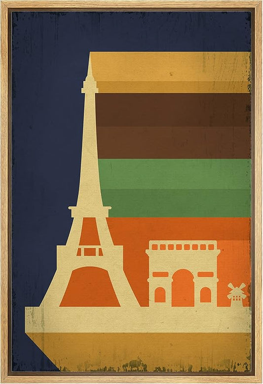 IDEA4WALL Framed Canvas Print Wall Art Retro Vintage French Eiffel Tower Poster Cultural Building Illustrations Modern Art Contemporary Scenic Warm for Living Room, Bedroom, Office - 24"x36" NATURAL