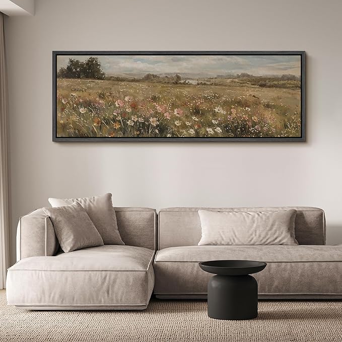 SIGNFORD Large Framed Canvas Pastoral Flower Field Landscape Classic Illustrations Modern Art Calm Warm for Living Room, Bedroom, Office - 60"x20"