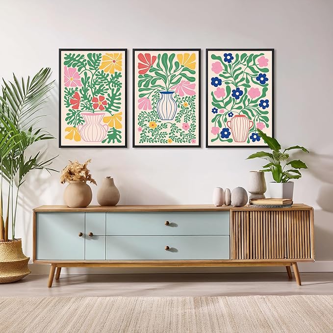 CHDITB Matisse Flowers Vase Framed Canvas Wall Art(24"x36"), 3 Panels Colorful Boho Florals Botanical Plants Artwork Printings, Large Scandinavian Gallery Decor Painting for Bedroom Dining Room Office
