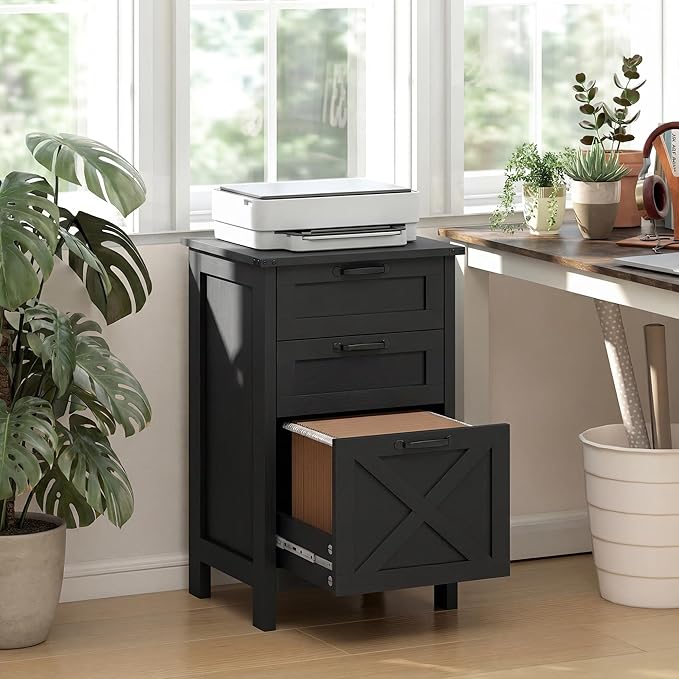 HOMCOM 3 Drawer File Cabinet with Silent Slides, Vertical Filing Cabinet for Hanging A4/Letter Size, Rustic Farmhouse Printer Stand with Storage for Home Office, Distressed Black