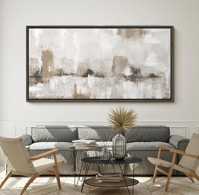 SIGNFORD Extra Large Framed Canvas Neutral Abstract Landscape in Earthy Tones Illustrations Modern Art Calm Warm for Living Room, Bedroom, Office - 60"x30"