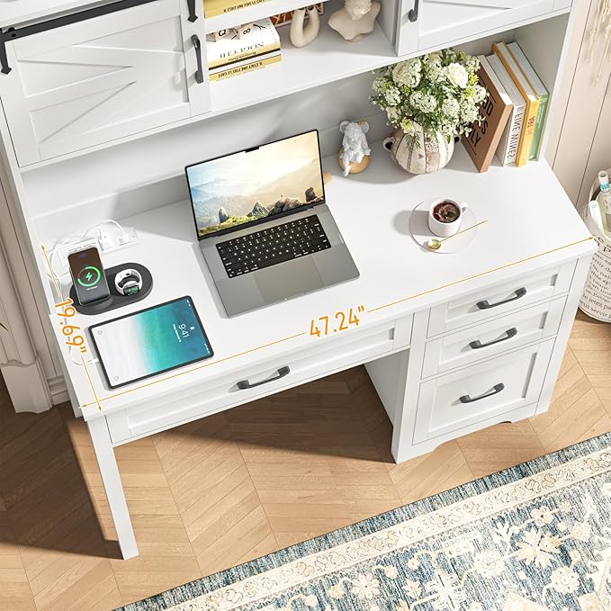 Farmhouse 67" H Executive Desk with Hutch,Office Table with LED light and 7 Drawers,Computer Desk with Charging Station,File Drawers and Storage Cabinet,Workstation for Home Office.Cream White