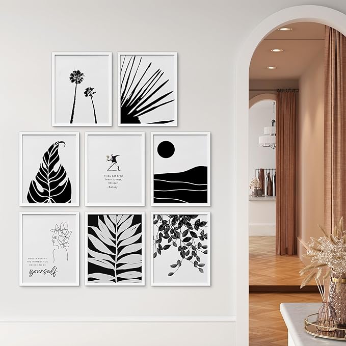 SIGNWIN Framed Poster Bathroom Decor, Wall Art Room Decor Multicolor for Living Room, Bedroom, Office Black White Duotone Tropical Palm Landscape Nature Abstract Shapes - 8"x10"x 8 White