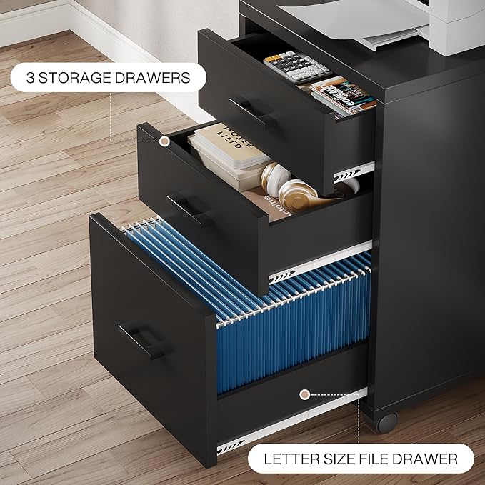 Triebsigns 3 Drawer File Cabinet, Vertical Mobile Filing Cabinet, Under Desk Rolling Printer Stand for Home Office, fits A4 or Letter Size (Black)