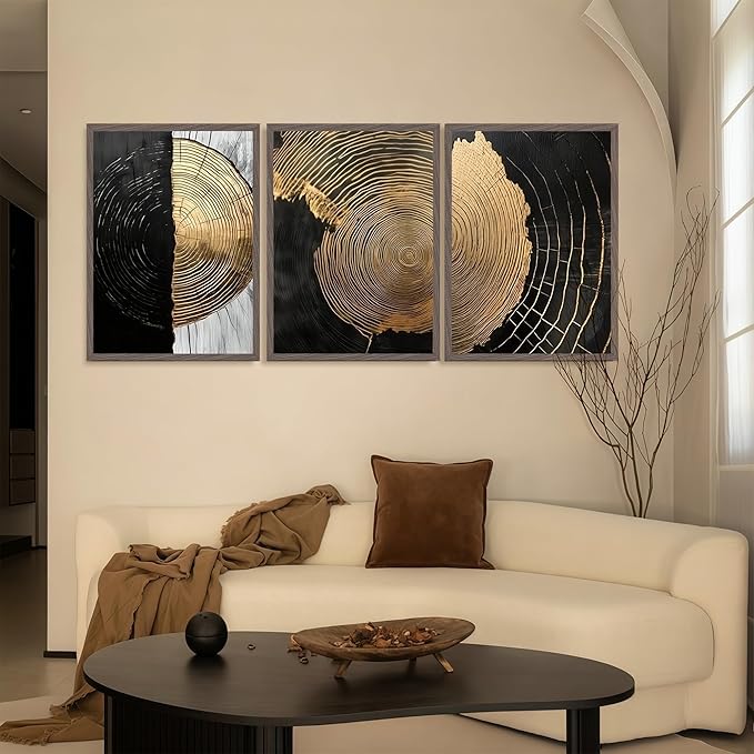 3Pcs Minimalist Abstract Black Golden Wall Art Vintage Tree Ring Wall Decor Pictures Modern Rustic Canvas Posters Prints for Living Room Office Hallway Home Decoration 16x24in Unframed