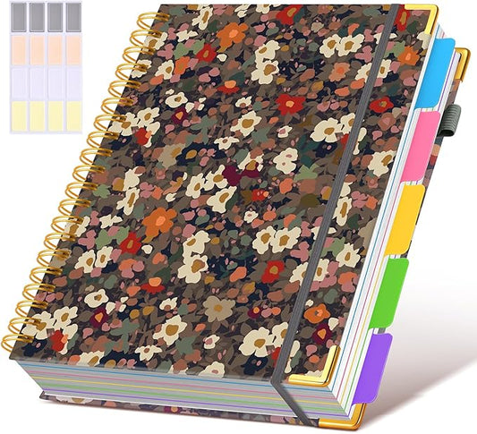 Hardcover Spiral Notebook 8.5"x11" Journal with Removable Dividers Tabs, 300 Pages 5 Subject Notebook College Ruled, Large A4 Notebooks for Work School, Lined Journal for Women, A4 Flower