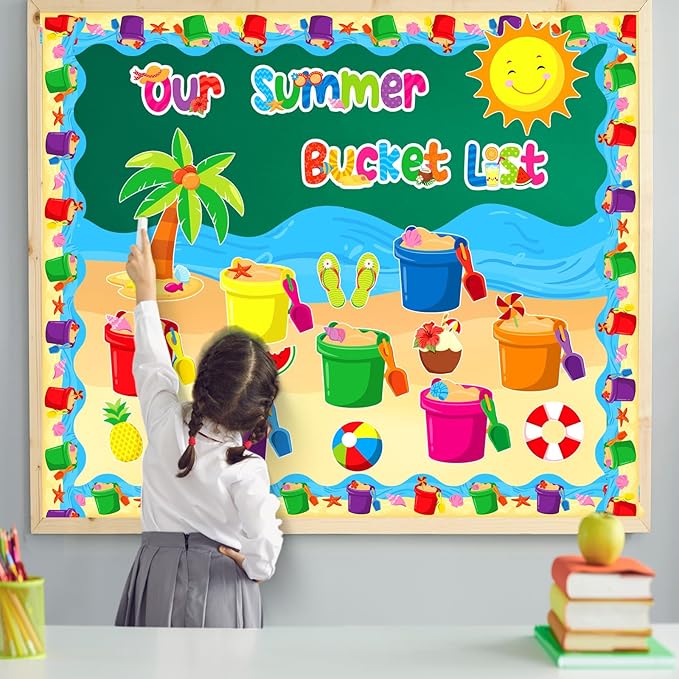 Faccito 57 Pcs Summer Bulletin Board Decorations Set Our Summer Bucket List Classroom Decor Hawaii Sun Beach Bucket Paper Cutouts with Borders for Home School Hawaiian Tropical Party Supplies