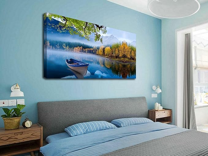 Arjun Landscape Wall Art for Living Room Lake Canvas Blue Picture Bedroom, Nature Boat Artwork Modern Nature Painting Framed Large Home Office Dining Room Wall Decor 40"x20"