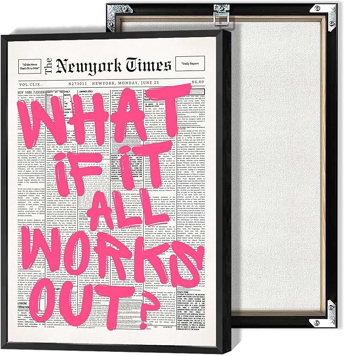 Drimiler Retro Newspaper Pink Font Poster What If It All Works Out Canvas Wall Art Positive Affirming Quote Minimalist Prints Painting For Home Bedroom Dorm Wall Decor 8x12in Framed