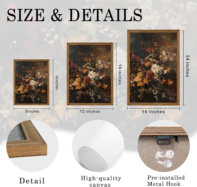 AVECCO Framed Dark Academia Vintage Flowers Canvas Wall Art, Nature Botanical Painting Wall Decor, Farmhouse Floral Plant Art Prints for Bathroom Bedroom Living Room Office Home Ready to Hang 8x10 In