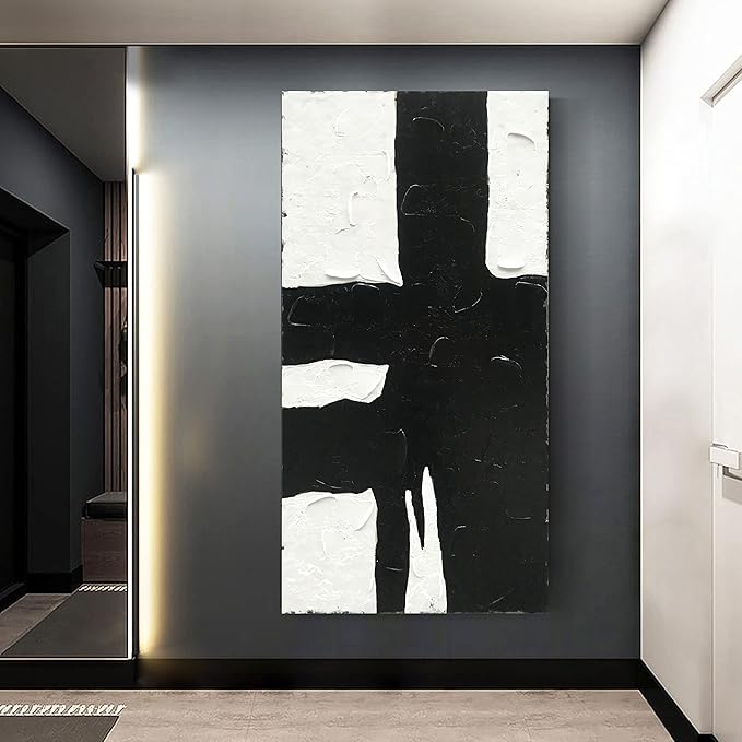 NANKAI Art Minimalist black and white oil painting is suitable for large abstract wall decorations in modern living rooms. 48x24 inches. Modern oil painting art