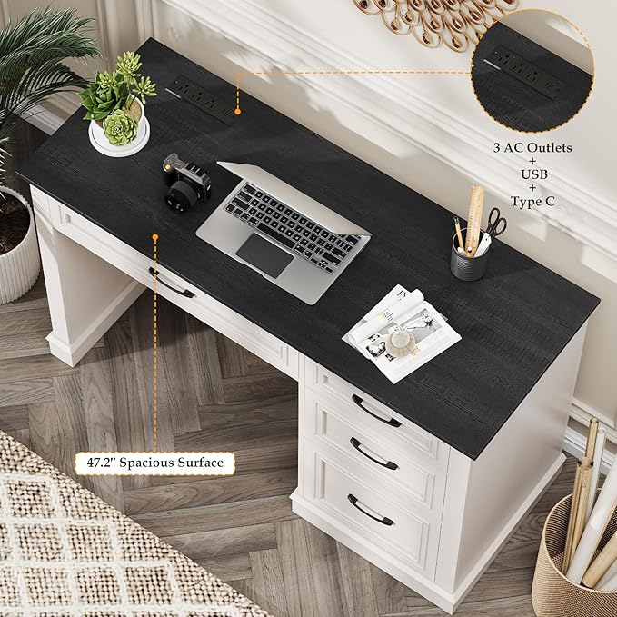 Farmhouse 47" Executive Desk, Computer Desk with Drawers and File Drawer, Workstation Computer Desk with Charging Station for Home Office, Study,(Black