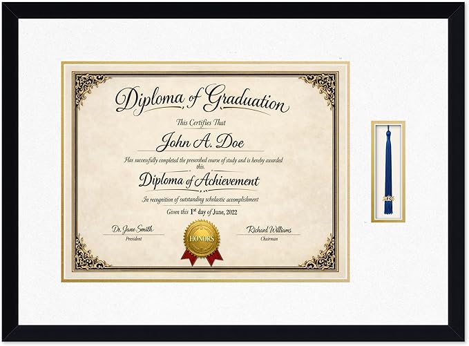 Diploma Frame with Tassel Holder Matte Black Shadowbox Oyster Shell Over Gold Mat - Fits 17 x 13 Degree Made in the USA