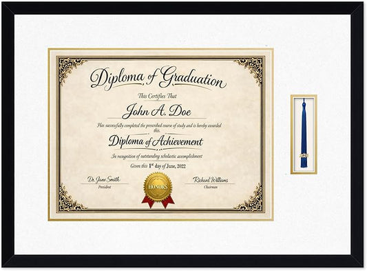 Diploma Frame with Tassel Holder Matte Black Shadowbox Oyster Shell Over Gold Mat - Fits 17 x 13 Degree Made in the USA