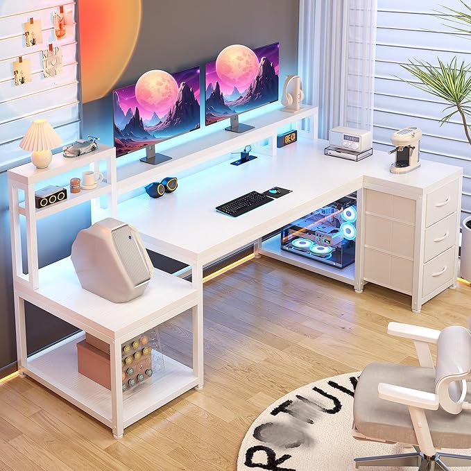 EnHomee 71" L Shaped Gaming Desk with LED Lights,White Computer Desk with Drawers and Printer Shelf,Power Outlet,Reversible Home Office Desks with Storage and Monitor Stand